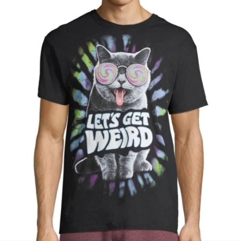 Let's Get Weird black graphic  T shirt Size L Crazy Cat 100% cotton *